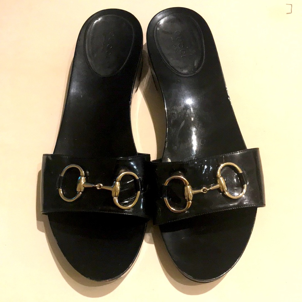 Gucci leather black pattern clogs size 10 lightly used gold trim